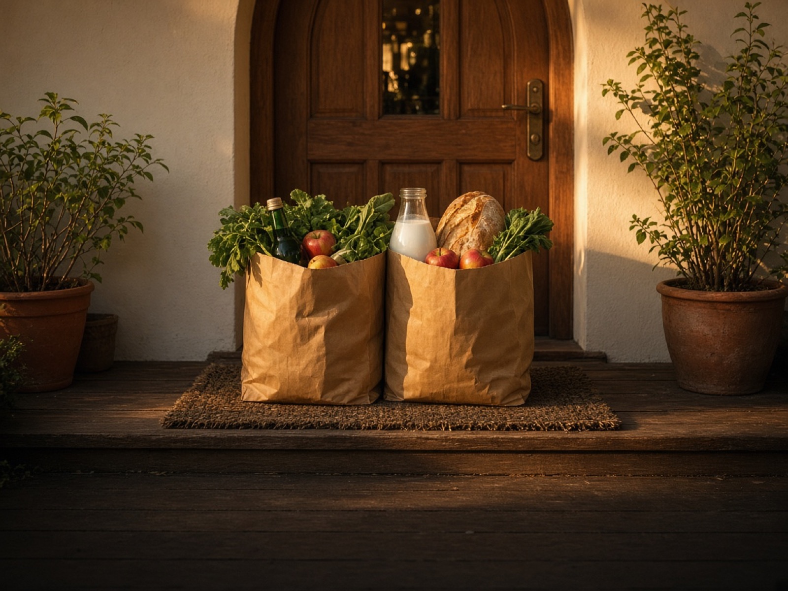 Zwei Einkaufstüten mit Brot, Milch und Obst vor einer Haustür